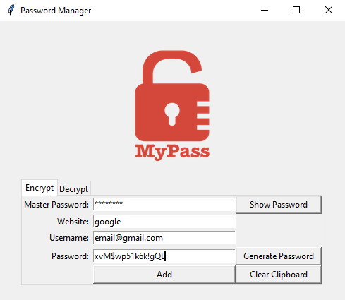 Password Manager encryption tab UI without values